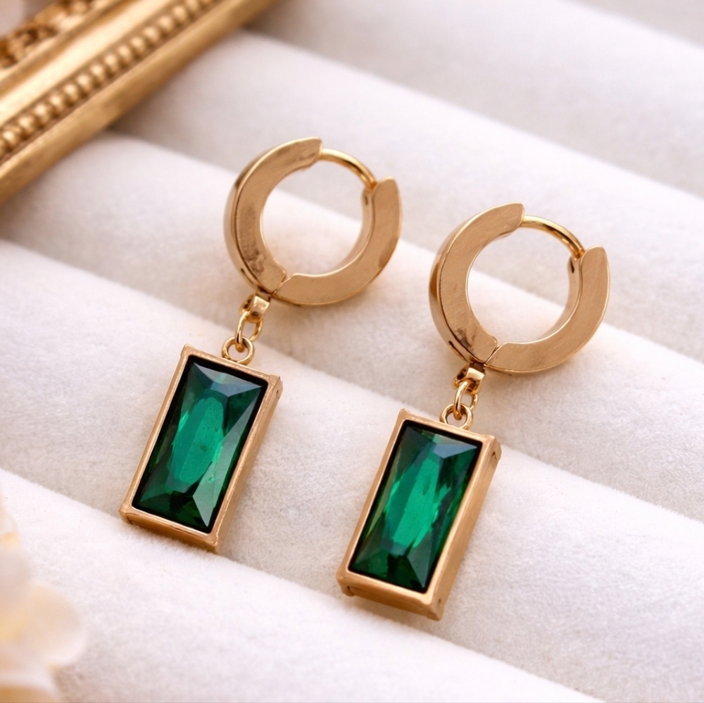 Emerald Green Drop Huggie Earrings | Gold Tone | Modern Vintage Luxe